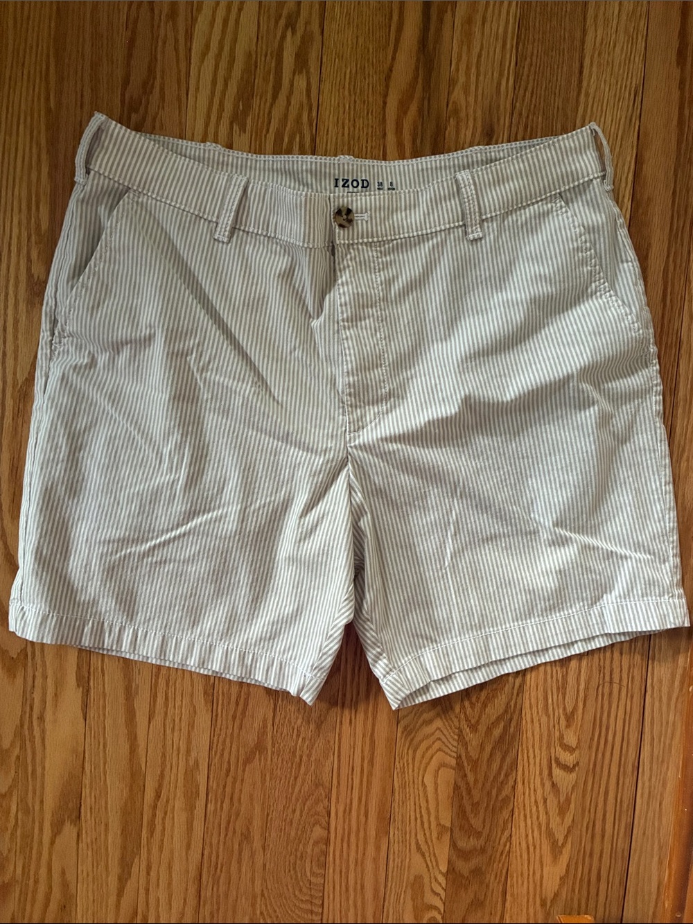 Izod Men’s Cream and Light Blue Striped Flat Front Shorts